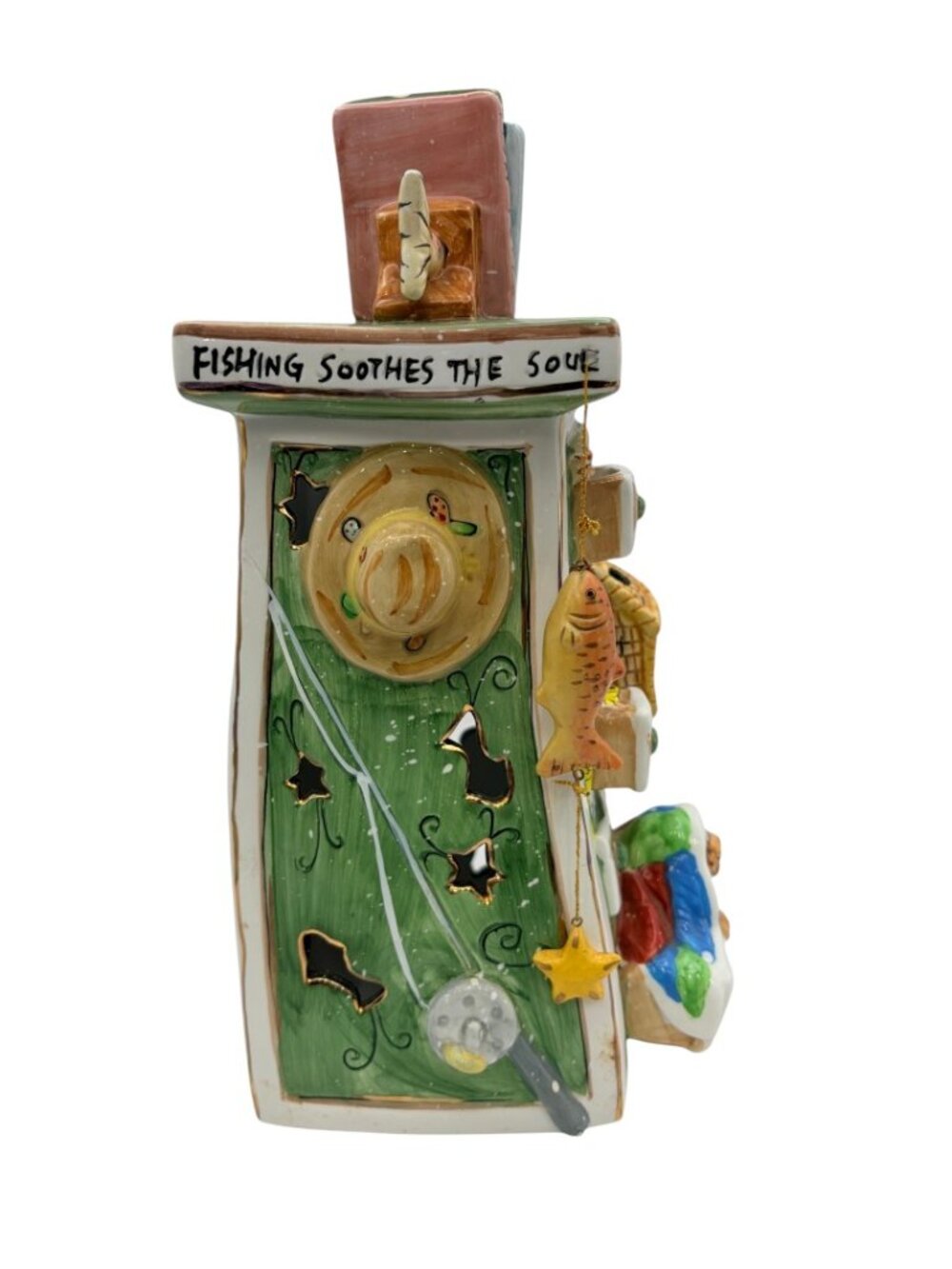Robert Marble SIGNED Fishing Soothes The Soul Ceramic Candle Tower Sculpture - Picture 5 of 11
